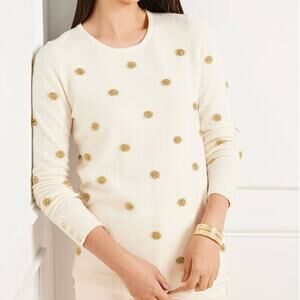 Talbots Tinsel Dot Crewneck Sweater L Petite Cream Gold Wool Blend Holiday